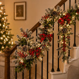Pre-Lit Snowy General Store Garland with Plaid Bows & LED Lights, 9ft