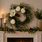 26in Mixed Greens Christmas Wreath with White Flowers & Pinecones