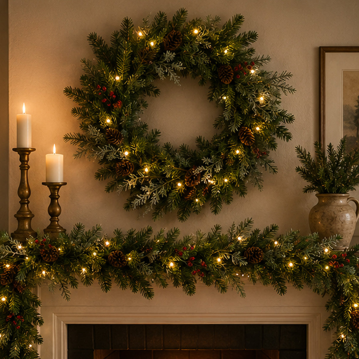 Pre-Lit Buzzard Pine 3-Piece Christmas Entry Set with Tree, Wreath & Garland