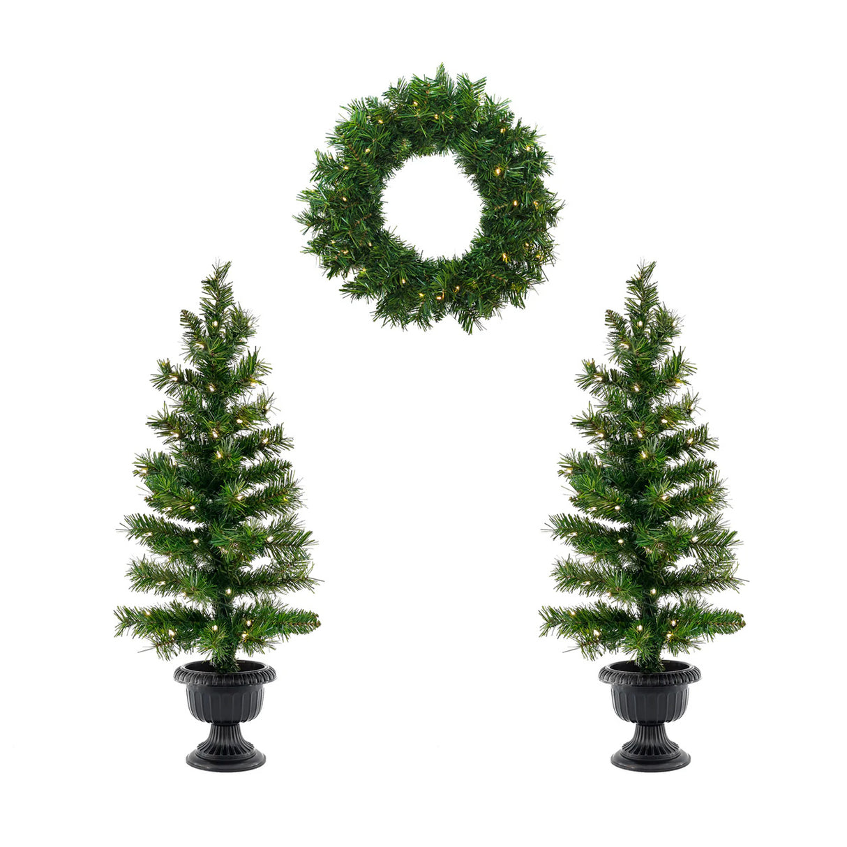 Pre-Lit Warm Welcome 3-Piece Christmas Entry Set with Trees & Wreath