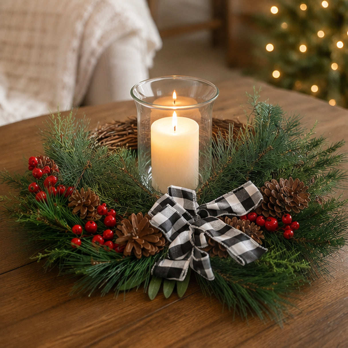 24in Mixed Pine Christmas Wreath with Berries, Pinecones & Plaid Bow