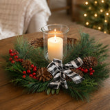 24in Mixed Pine Christmas Wreath with Berries, Pinecones & Plaid Bow