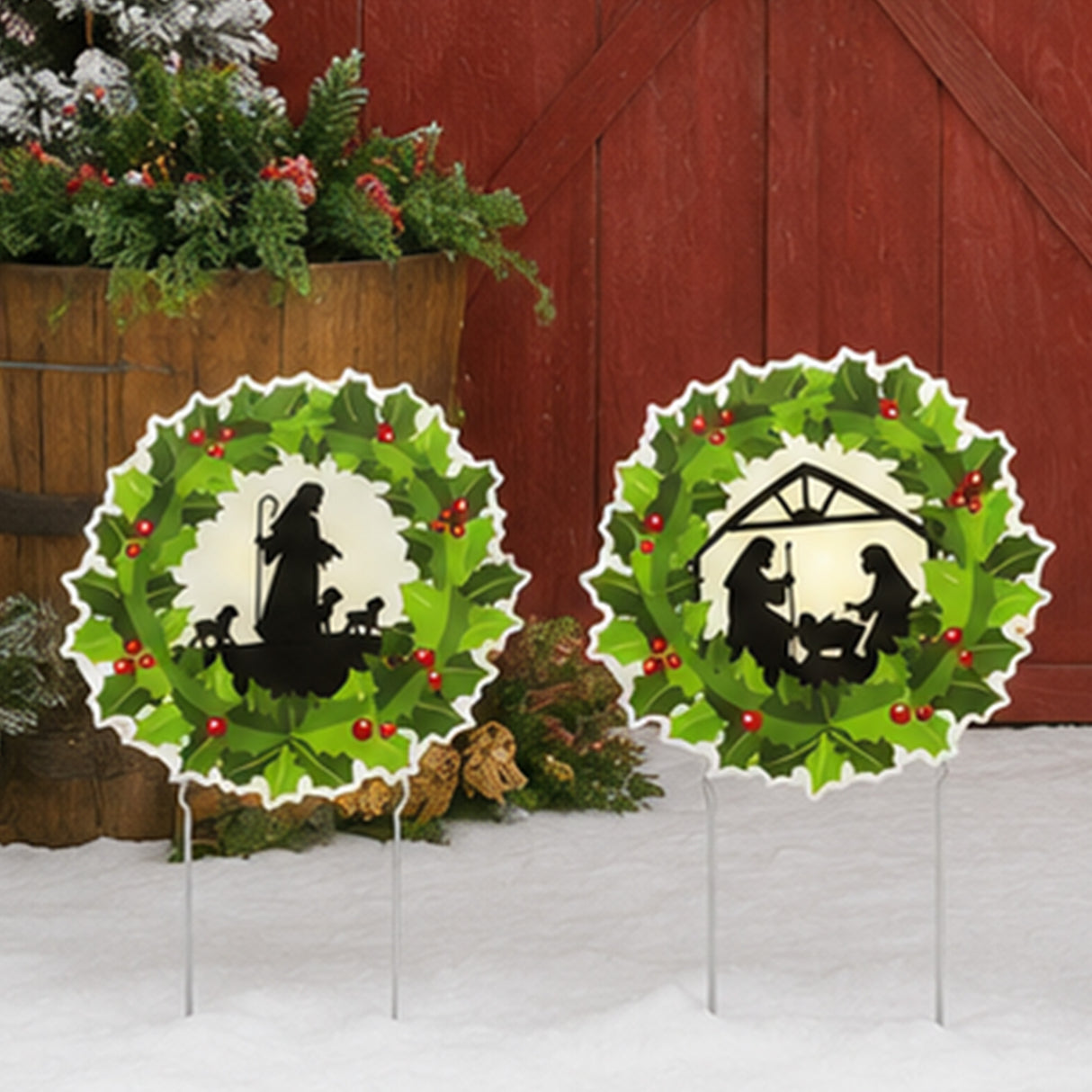 Nativity Wreath Yard Stakes Christmas Outdoor Decor 3 Pc Set