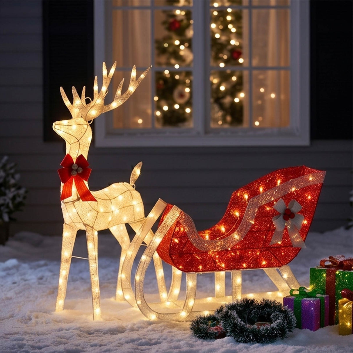 Lighted Christmas Reindeer and Sleigh Outdoor LED Decor Set