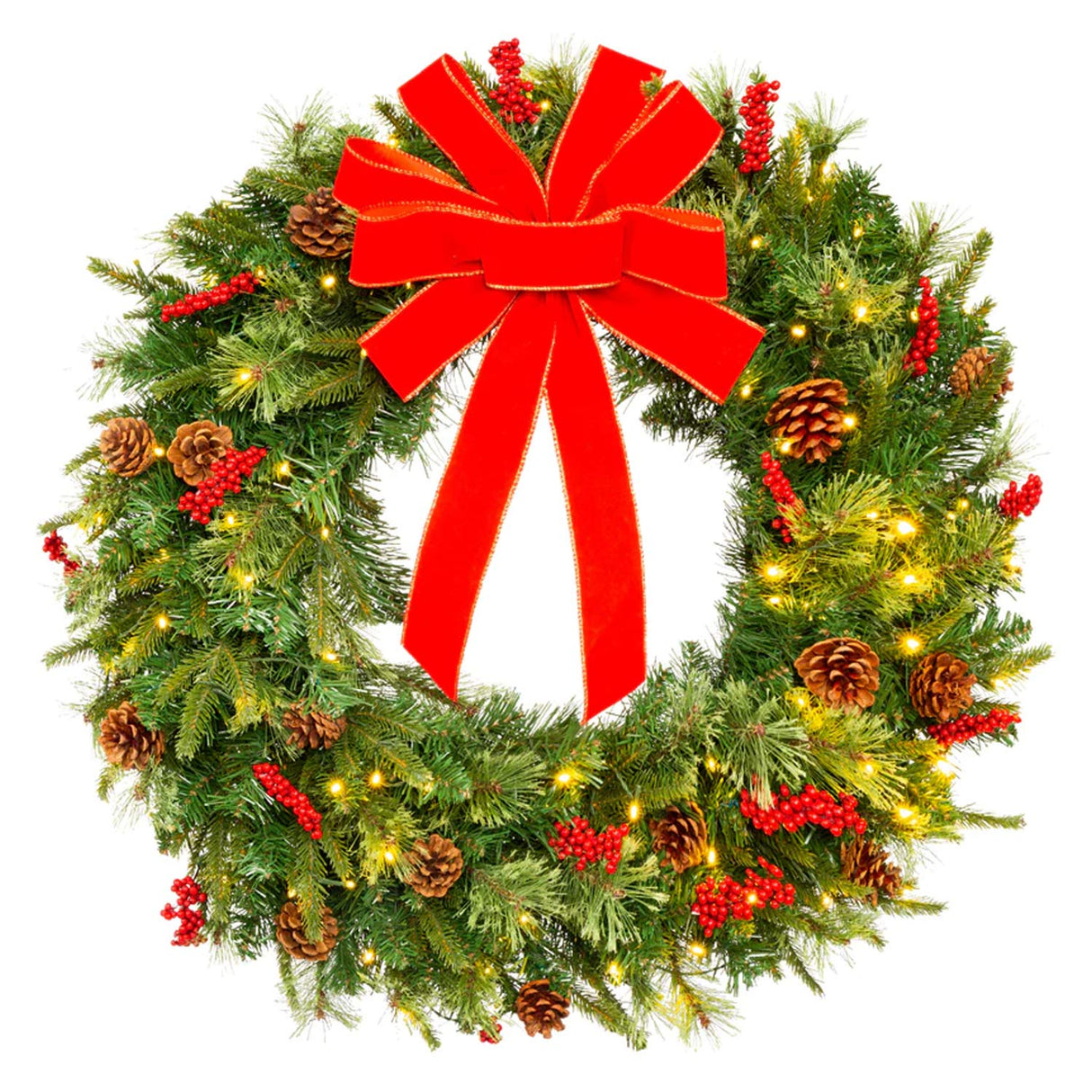 Pre Lit Battery Powered Christmas Wreath with Ribbon PVC Tips Holiday Decor