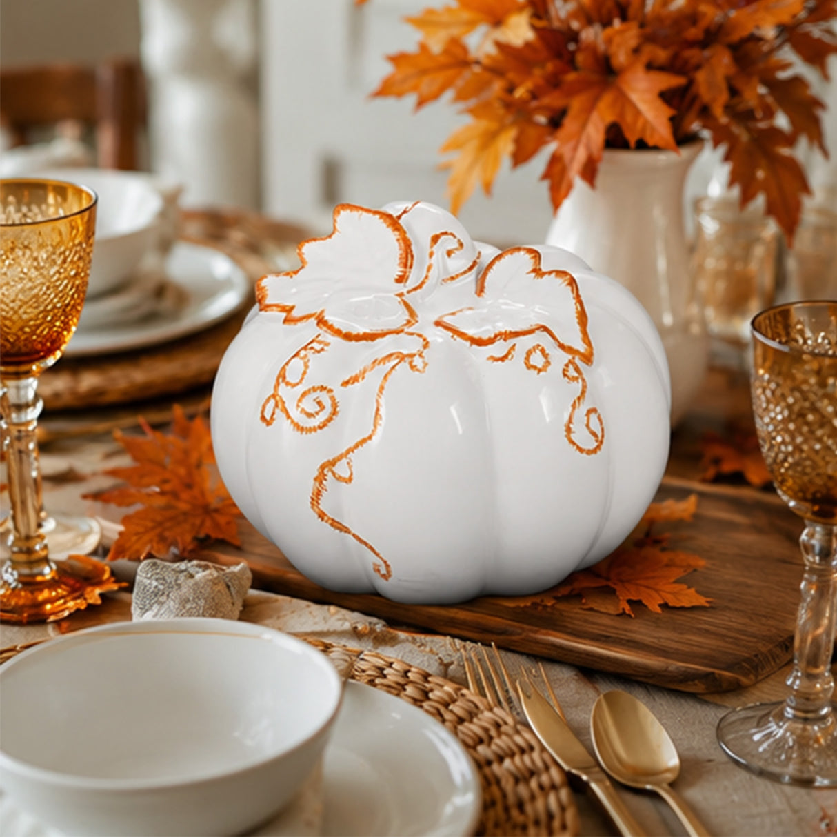 10" White Ceramic Pumpkin with Molded Leaves & Vines Halloween Decoration