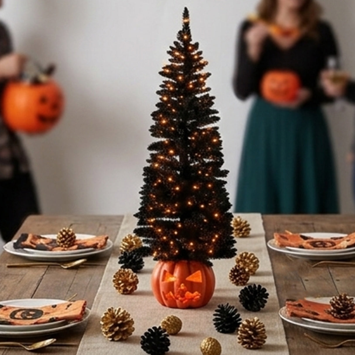 6 ft Halloween Pre-Lit Black Half Tree with LED Lights Pumpkin Base (Plug-In)