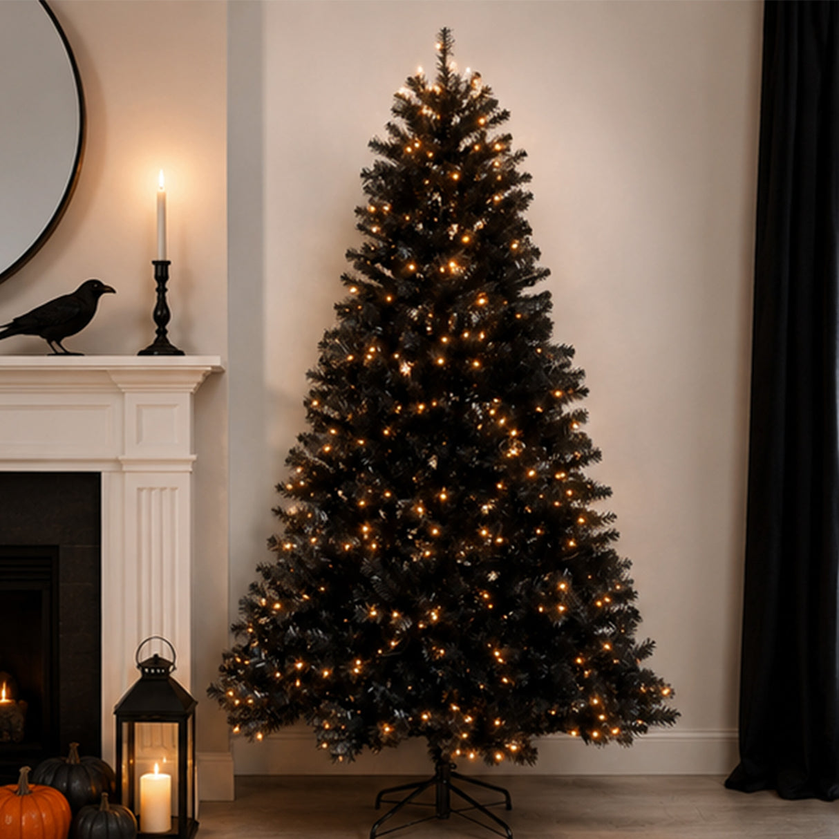 7 ft. Halloween Pre-Lit North Valley Spruce Full Black Tree with White Lights, Plug-In