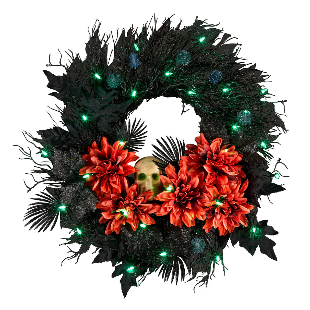 24IN Halloween Boo-tiful Wreath with Orange Florals, Skull & Green LED Lights