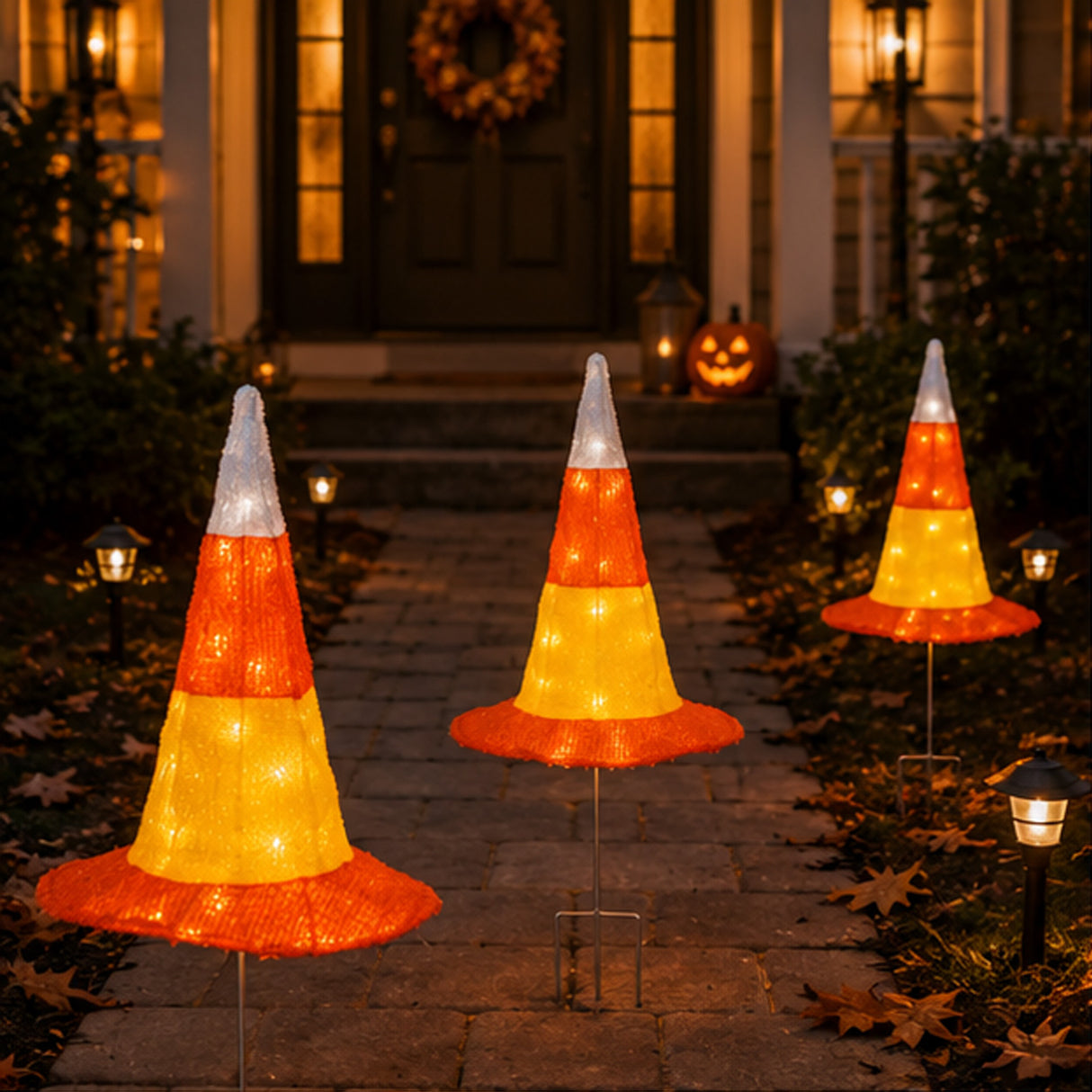 23 in Halloween Candy Corn Witch Hat LED Garden Stake Decor