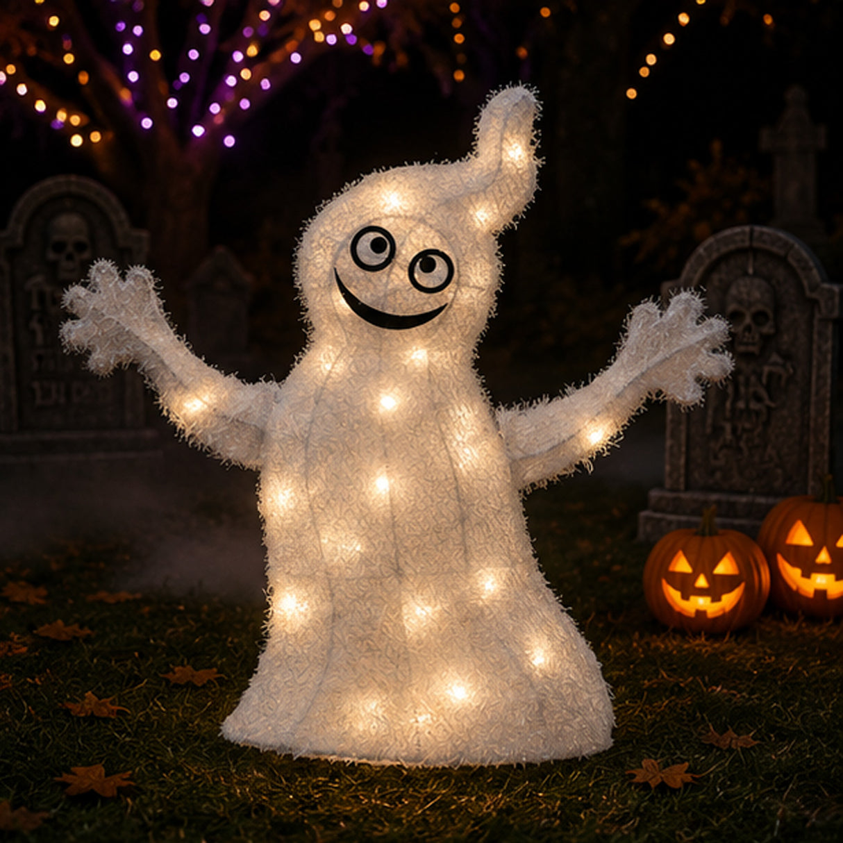 18 in Pre Lit White Ghost Halloween LED Outdoor Decor