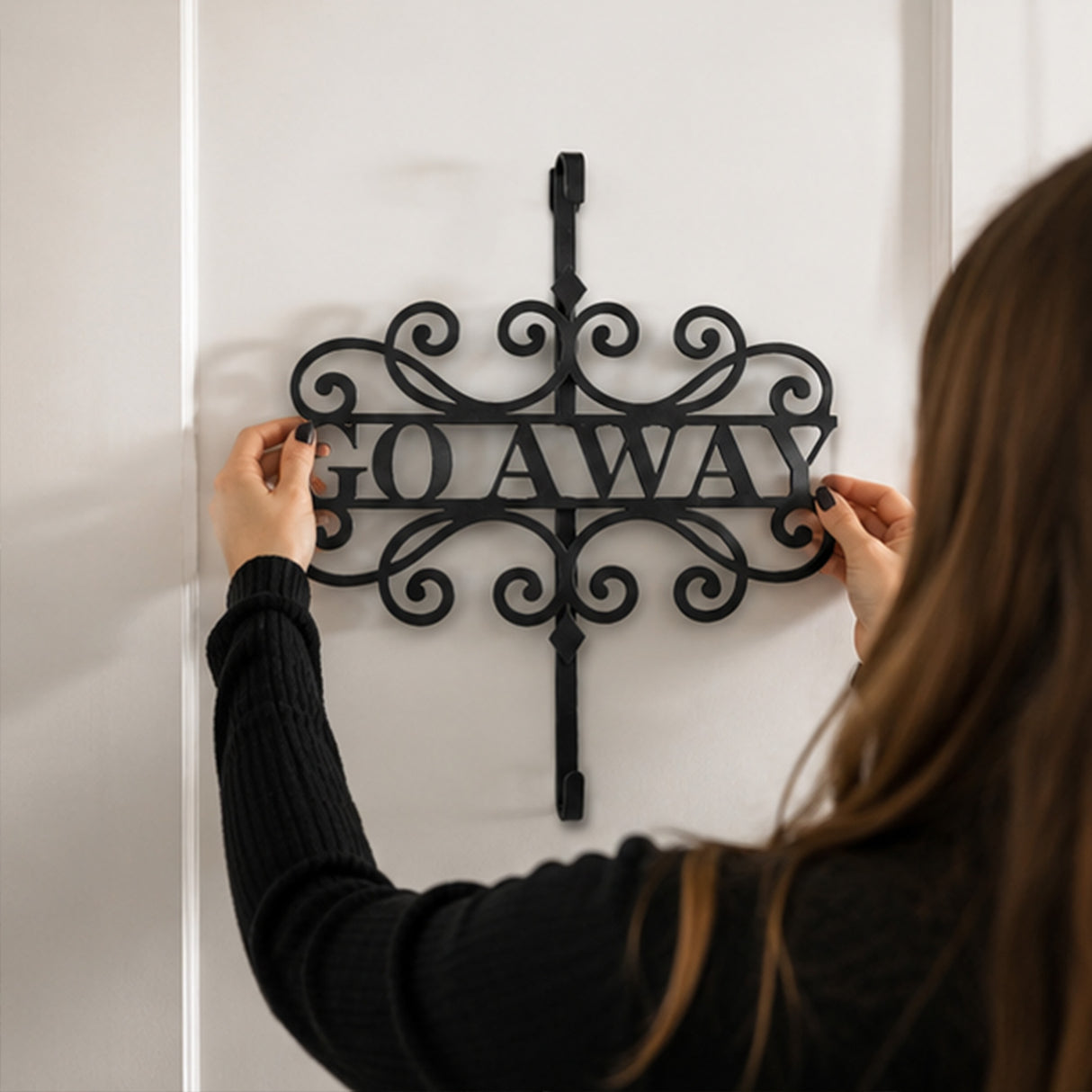 17 in Halloween Go Away Metal Wreath Hanger Black Door Decor
