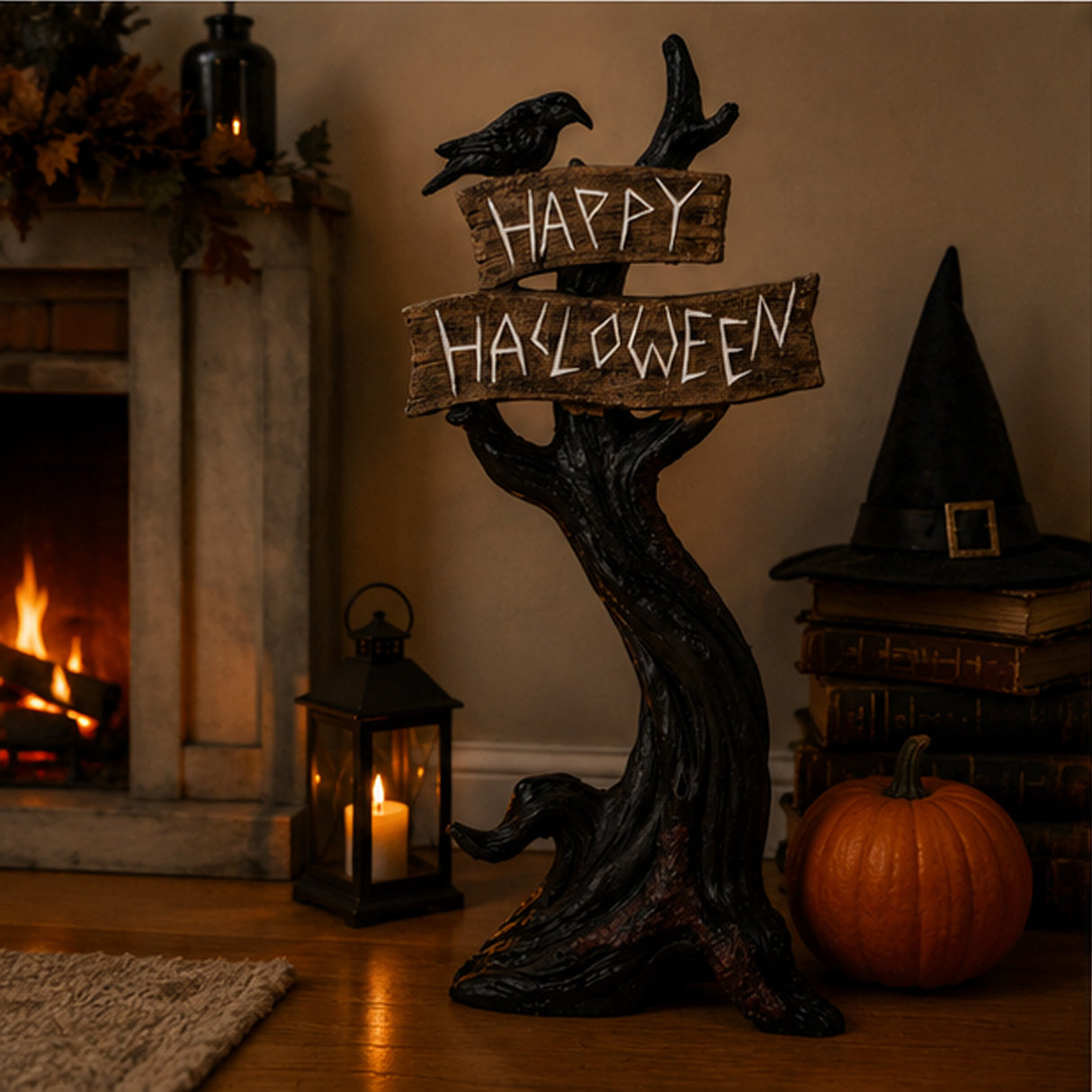 32IN Crow on Tree with Happy Halloween Sign Tabletop Decor
