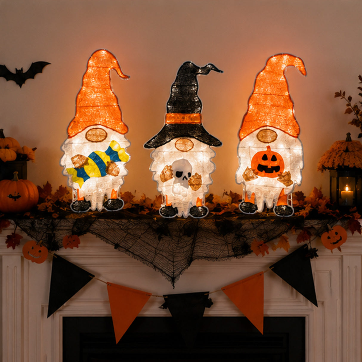 30IN Pre-Lit Halloween Gnome Trio Outdoor LED Lawn Decoration