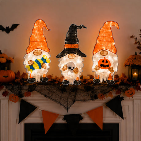 30IN Pre-Lit Halloween Gnome Trio Outdoor LED Lawn Decoration