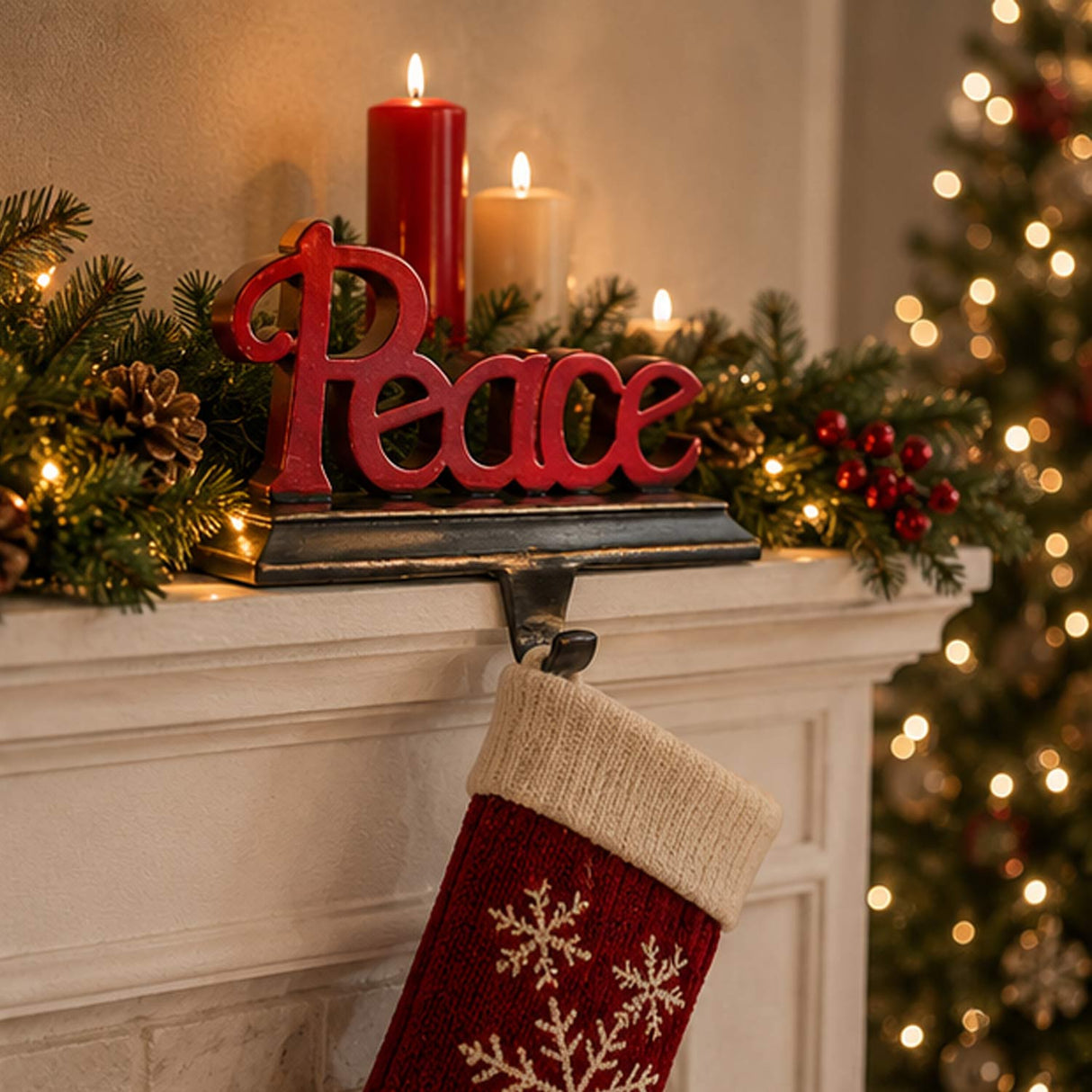 8.7IN PEACE Christmas Stocking Holder with Gold Trim