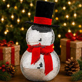 12IN Disco Snowman Figurine with Red Scarf & Black Top Hat Mirror Ball Christmas Decor