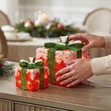 Pre-Lit Red and White Christmas Gift Boxes Set of 3 with White Lights