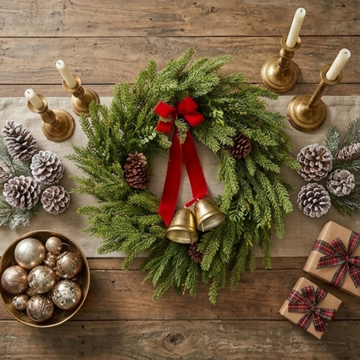 28IN Christmas Bells Pine Wreath with Red Bow and Gold Bells