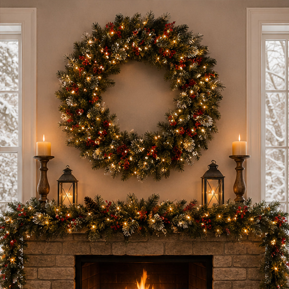 Pre-Lit 48 in. Wintry Pine Christmas Wreath with 200 Clear Lights, Plug-In Snow Dusted Holiday Door Decor