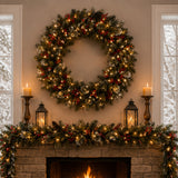 Pre-Lit 48 in. Wintry Pine Christmas Wreath with 200 Clear Lights, Plug-In Snow Dusted Holiday Door Decor