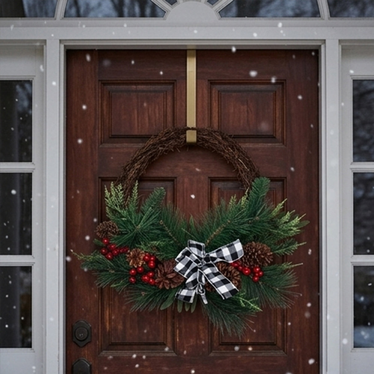 24IN Mixed Pine and Berries Wreath with Buffalo Plaid Bow