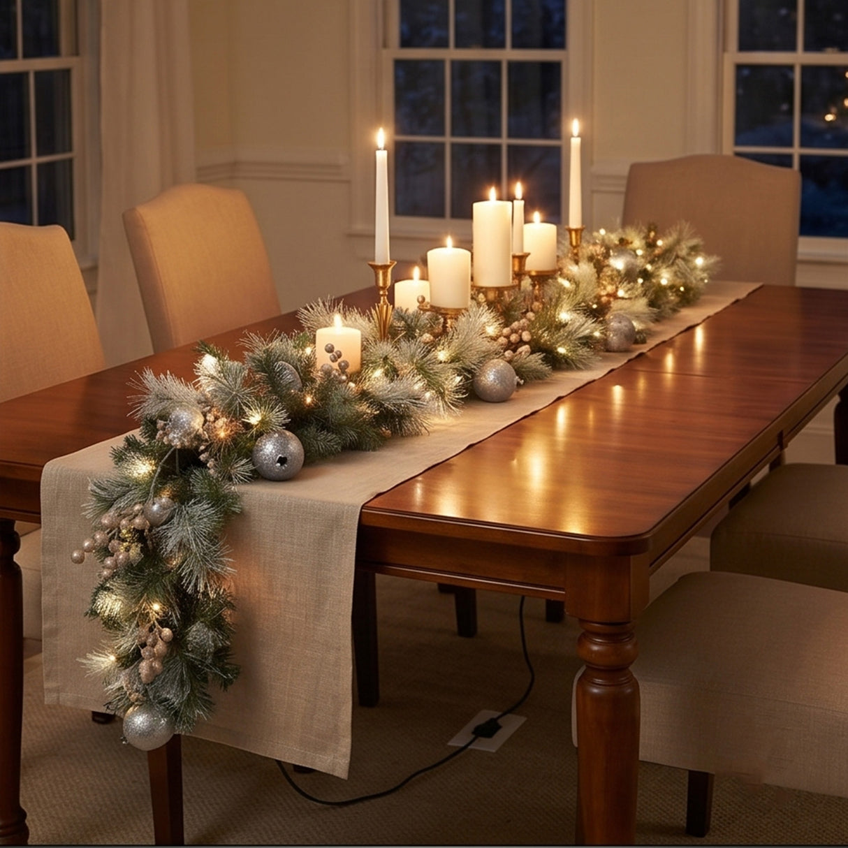 9FT Pre-Lit Glittery Pine Pomegranate Garland with Clear Lights