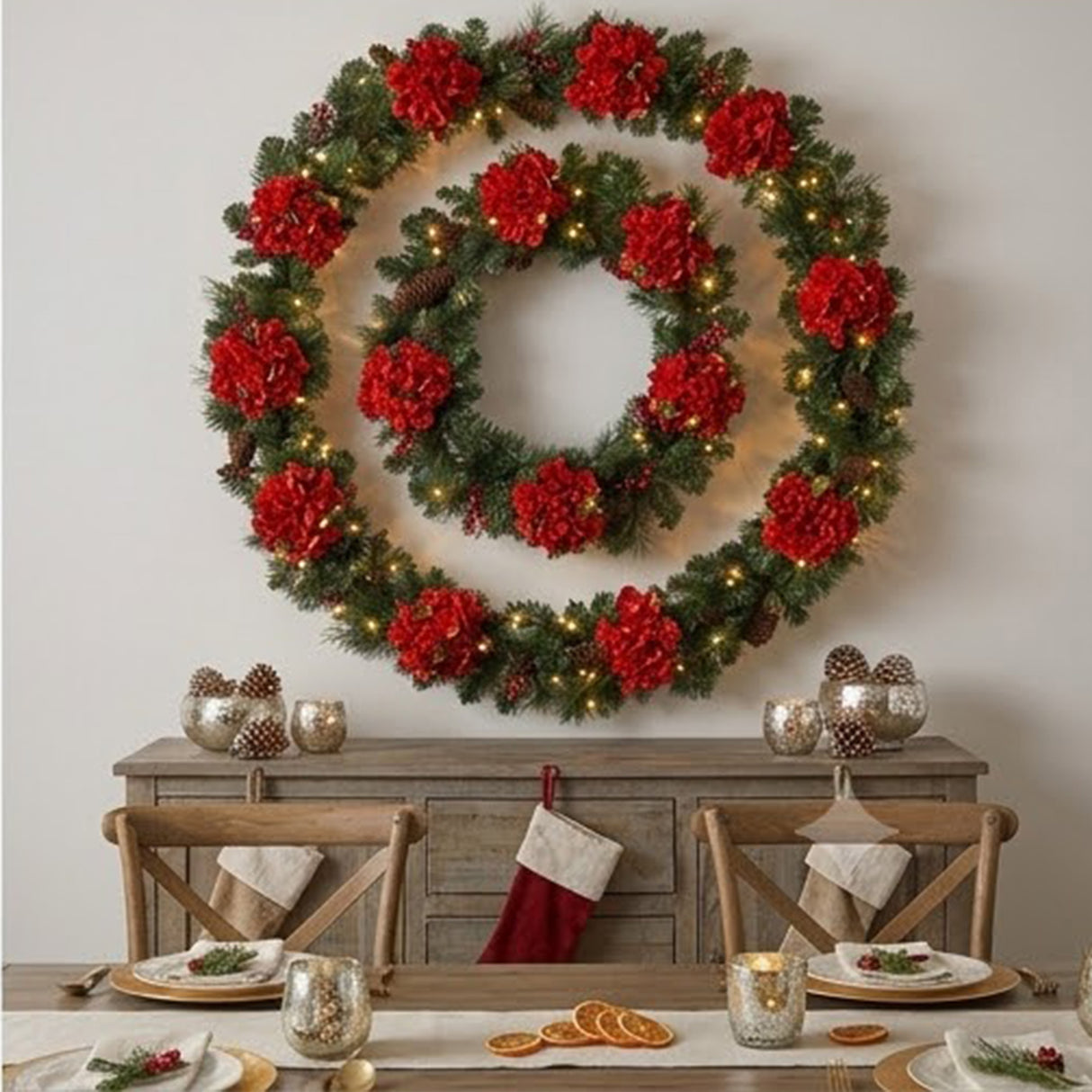 Pre-Lit Hydrangea Pine Garland with Warm White LED Lights, 9 Foot