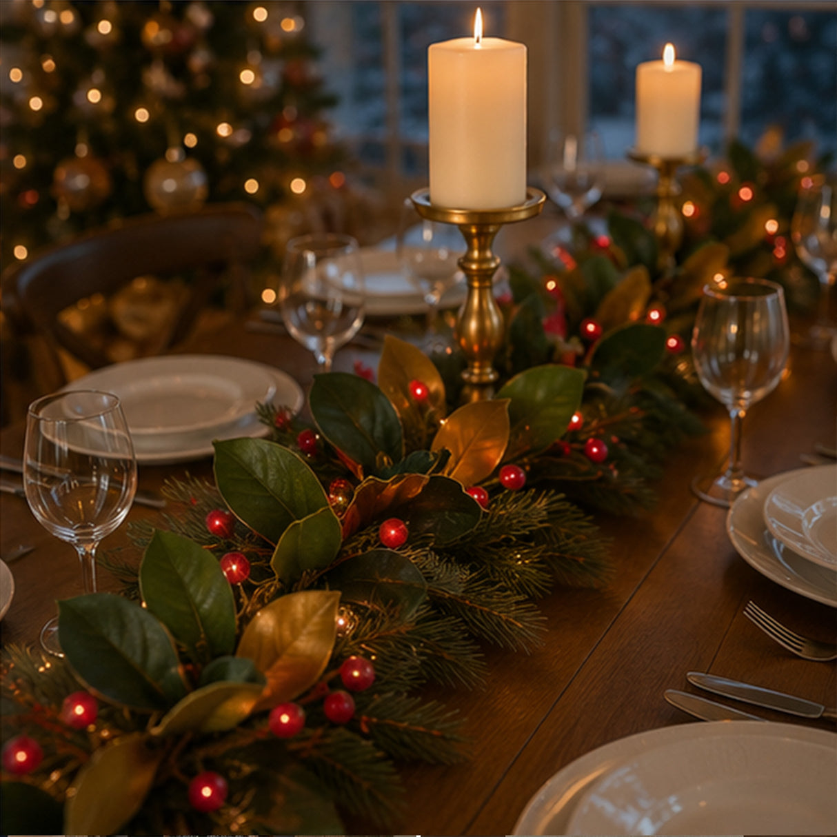 Pre-Lit Magnolia Mix Pine Garland with Red LED Lights, 9 Foot