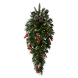 Pre-Lit Frosted Berry Teardrop Swag with Warm White LED Lights, 36 Inch