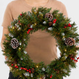 Pre-Lit Frosted Berry Wreath with Clear Lights, 24 Inch (Plug-In)