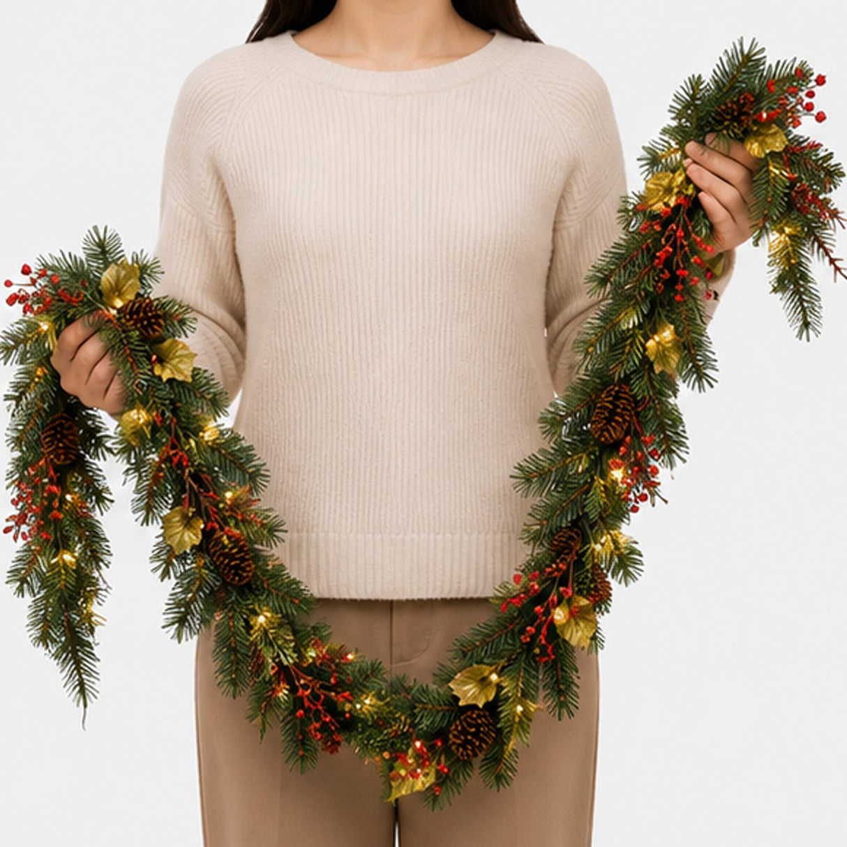 Pre-Lit Classical Collection Garland with Clear Lights and Holly Leaves, 9 Foot