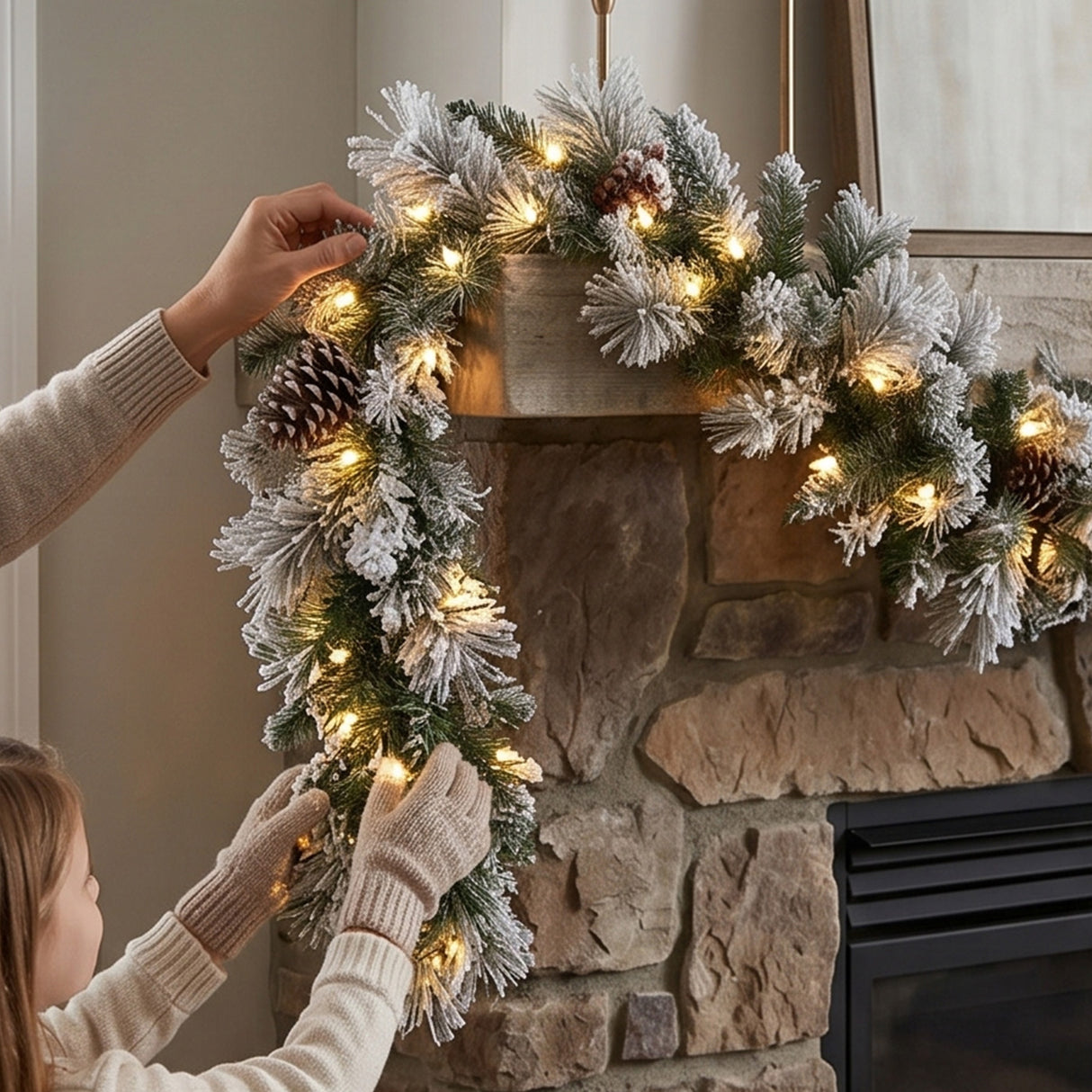 Pre-Lit Snowy Bedford Pine Garland with Warm White LED Lights, 9 Foot