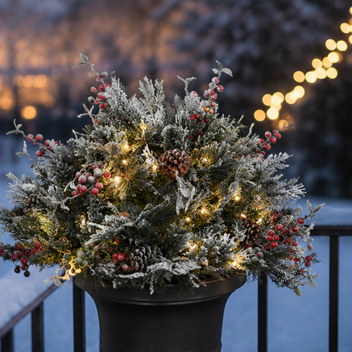 Pre-Lit Snowy Bedford Urn Filler with Warm White LED Lights, 22 Inch