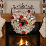 Pre-Lit Snowy Bristle Pine Wreath with Red & Silver Ornaments, 24 Inch