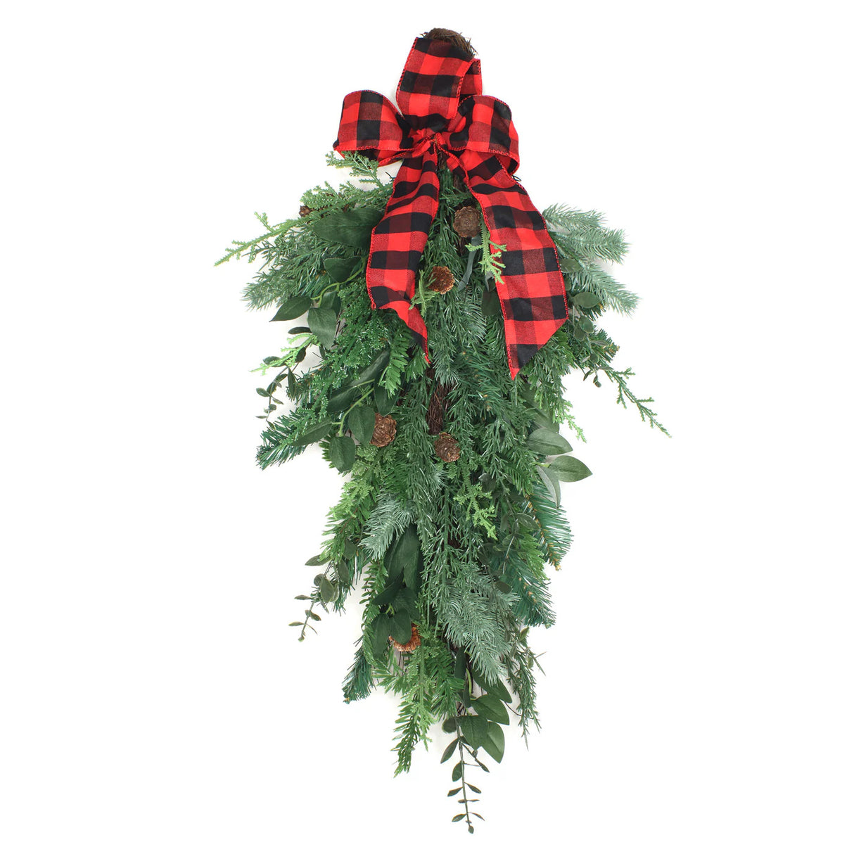 Mixed Pine Christmas Teardrop Swag with Plaid Bow, 30 Inch Door Decor