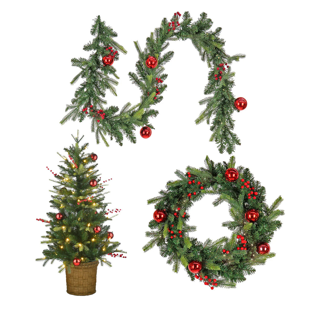 Pre-Lit Scotch Creek Fir 3-Piece Christmas Entry Set with Tree, Wreath & Garland