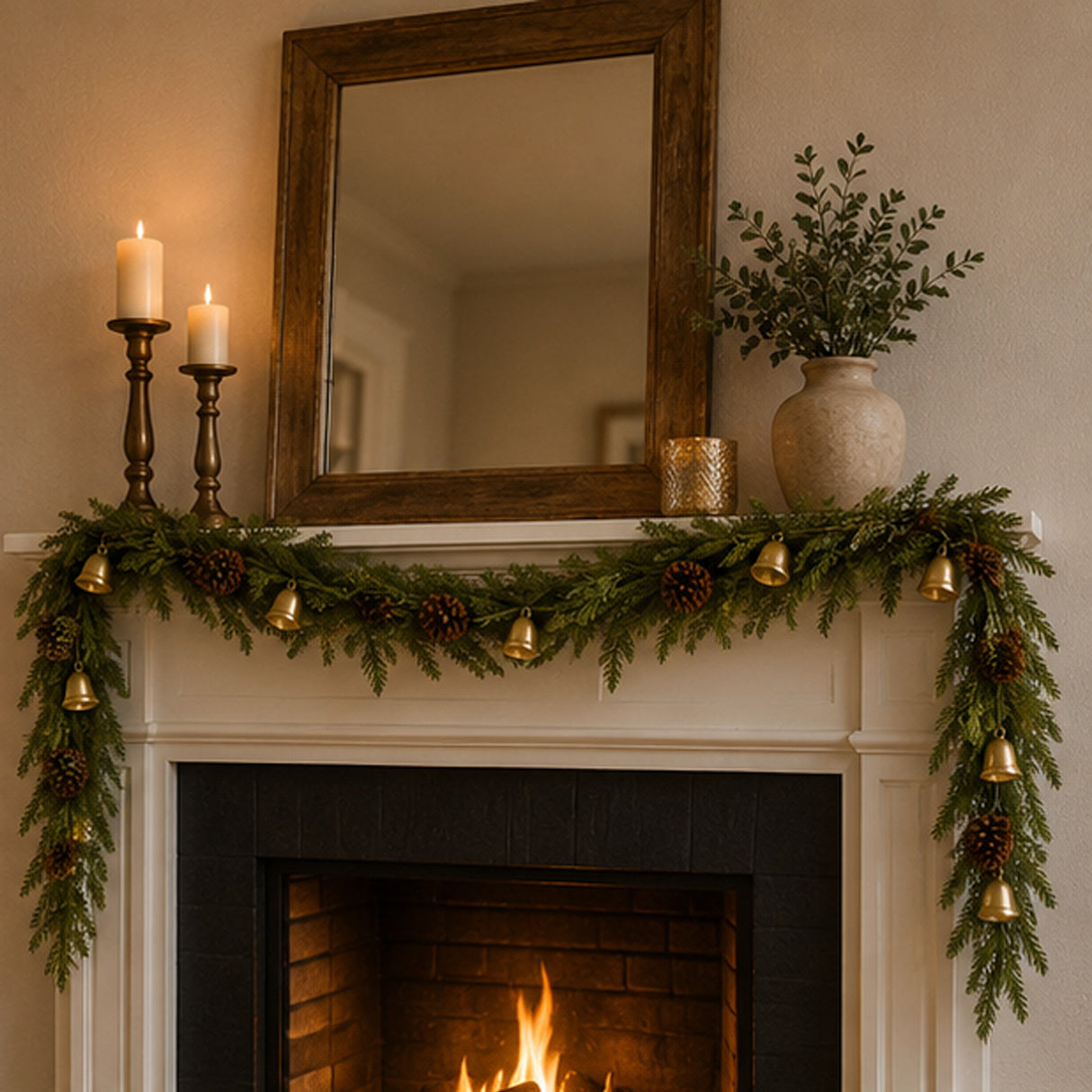Christmas Bells Pine Garland with Pinecones & Gold Bell Accents, 6ft