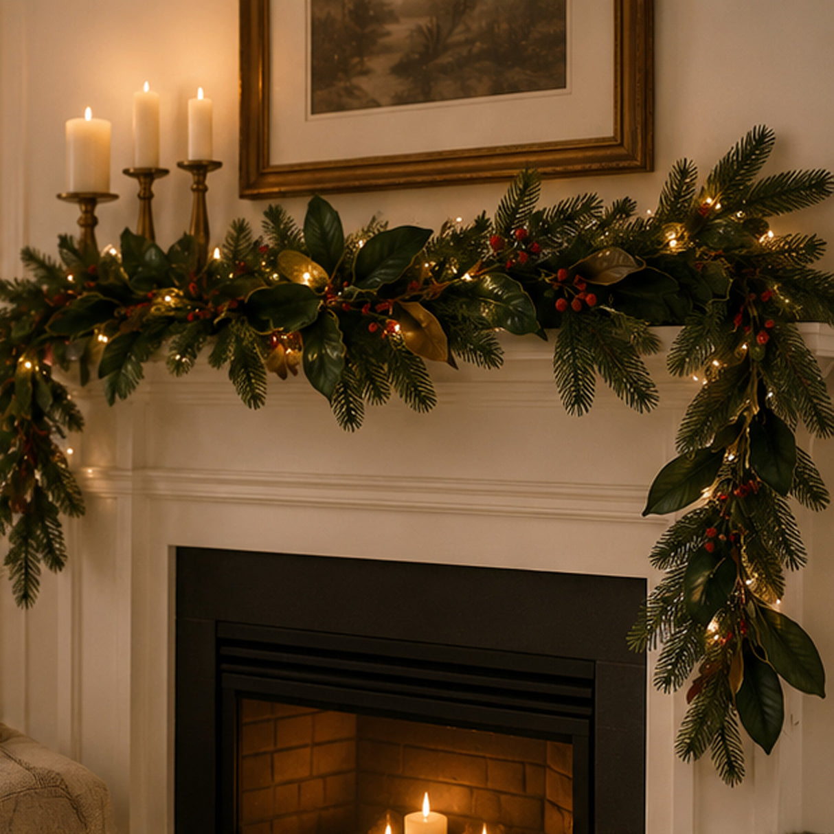 9ft Pre-Lit Magnolia Mix Pine Garland with Red Berry LED Lights