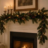 9ft Pre-Lit Magnolia Mix Pine Garland with Red Berry LED Lights