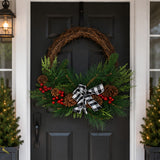 24in Mixed Pine Christmas Wreath with Berries, Pinecones & Plaid Bow