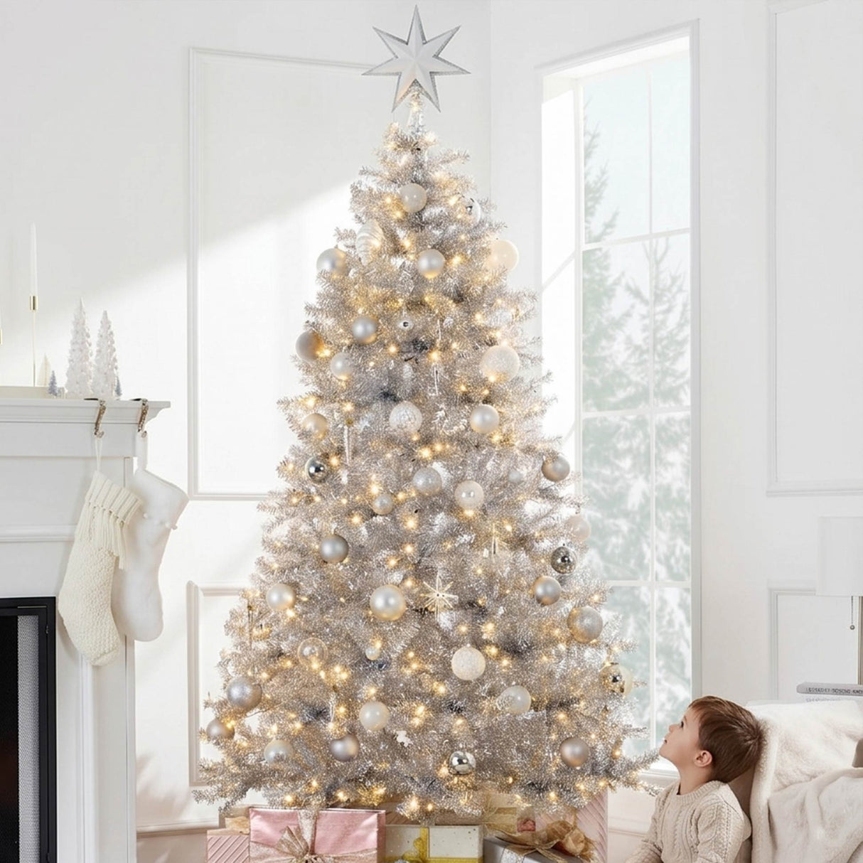 Prelit Silver Artificial Tinsel Christmas Tree with Foldable Stand