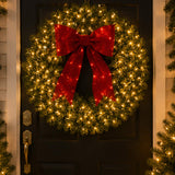 Pre Lit Artificial Fir Christmas Wreath with Red Bow LED Lights