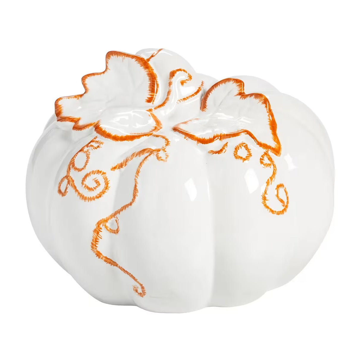 10" White Ceramic Pumpkin with Molded Leaves & Vines Halloween Decoration