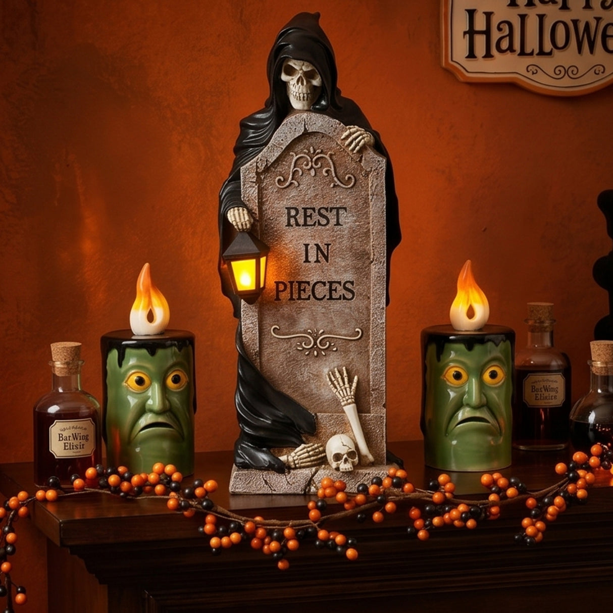 16 in. Halloween Skeleton Grim Reaper Standing with Gravestone Decoration
