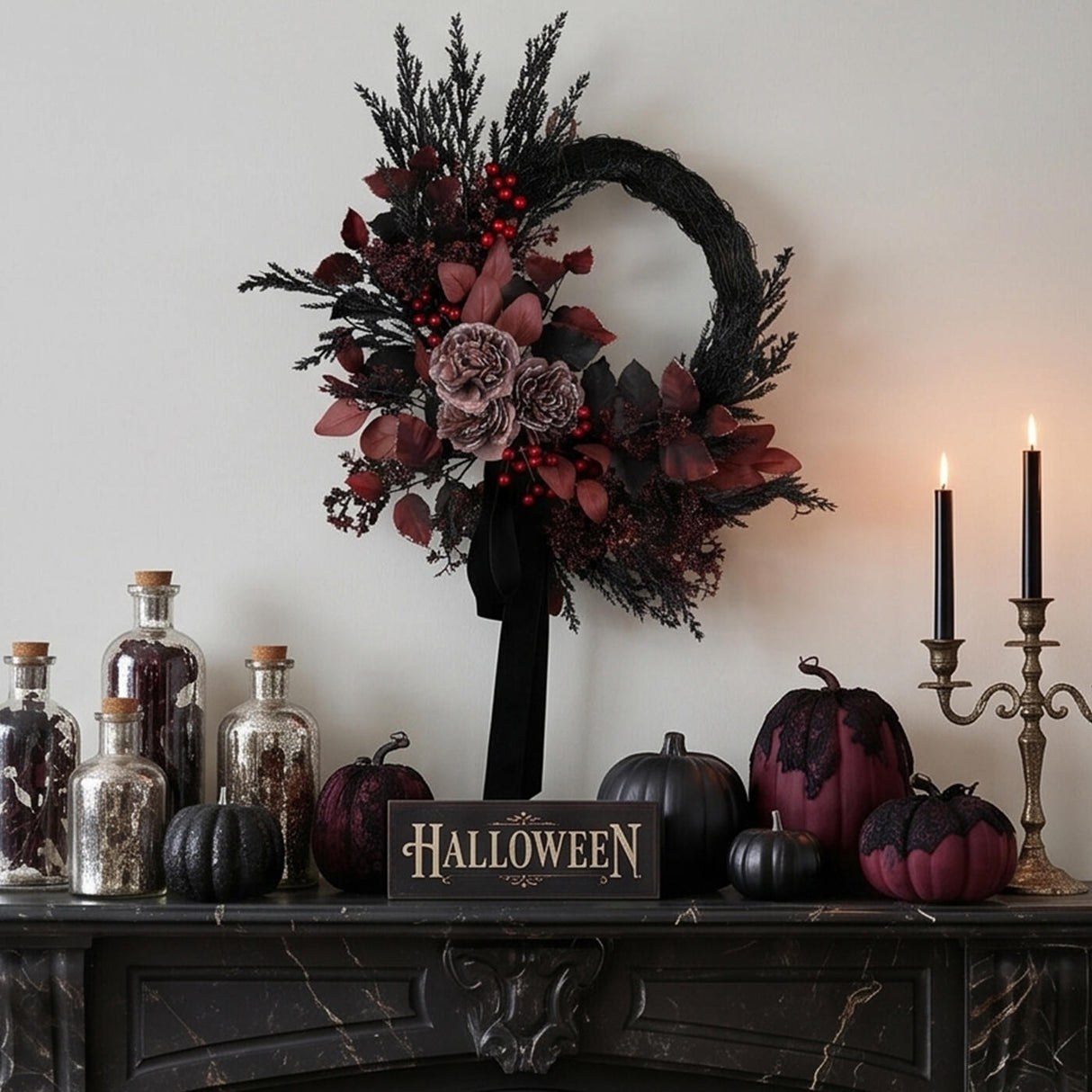 24 in. Halloween Red Widow Wreath with Black Ribbon