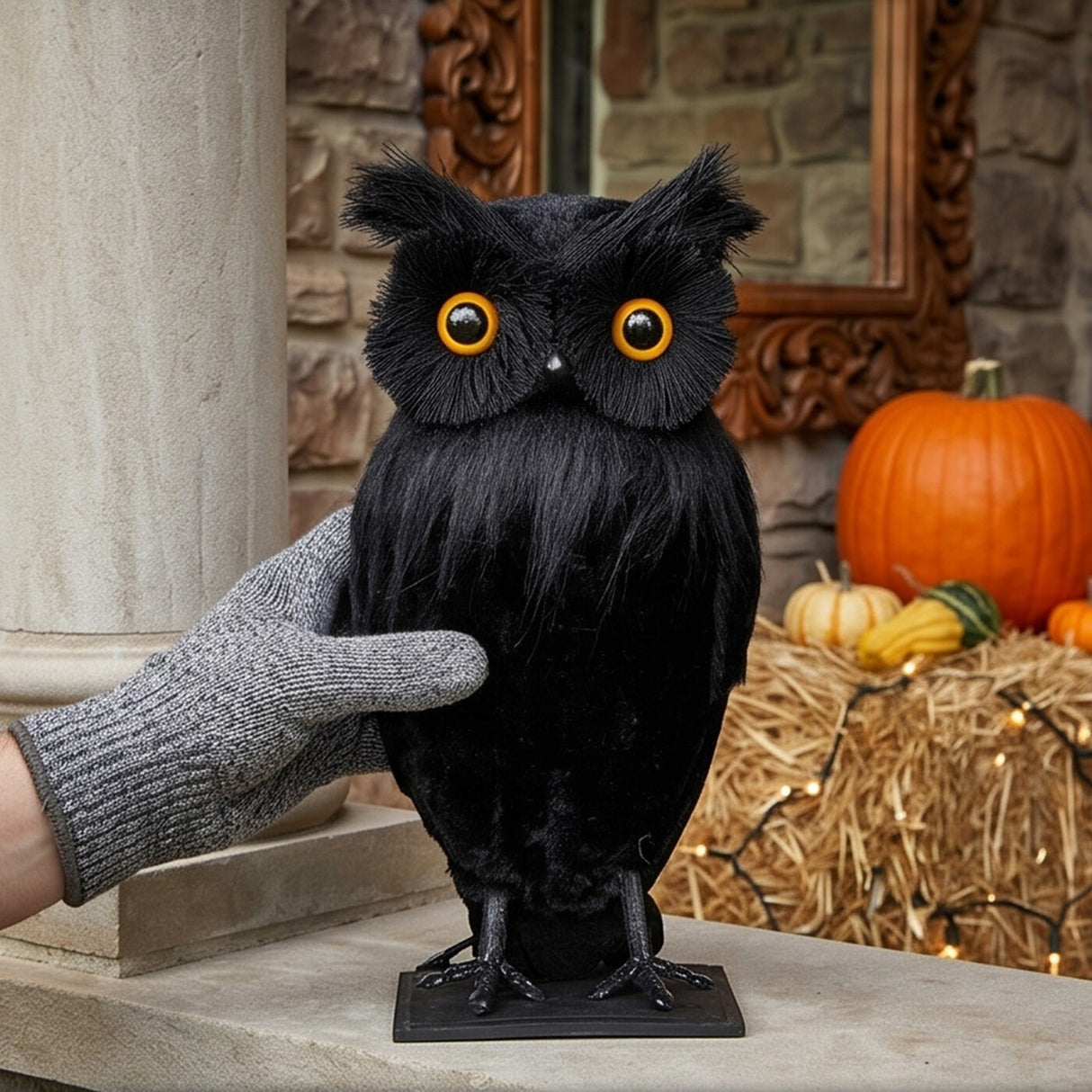 11 in. Halloween Lifelike Owl Tabletop Decoration with LED Eyes