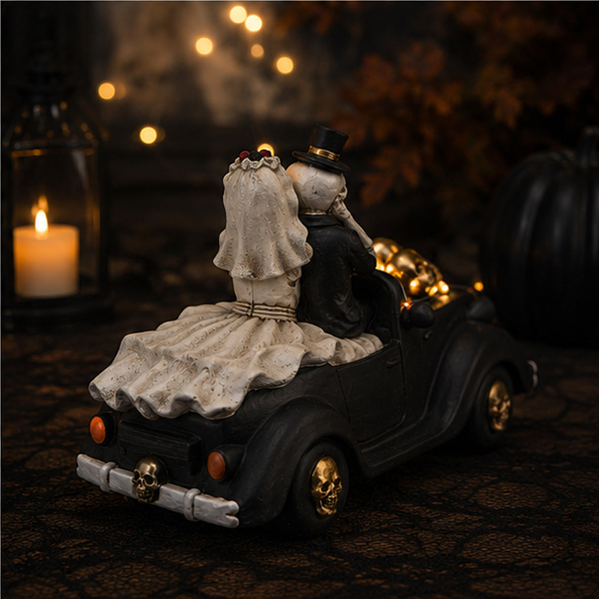 8 in. Halloween Skeleton Bride and Groom in Black Car with LED Lights