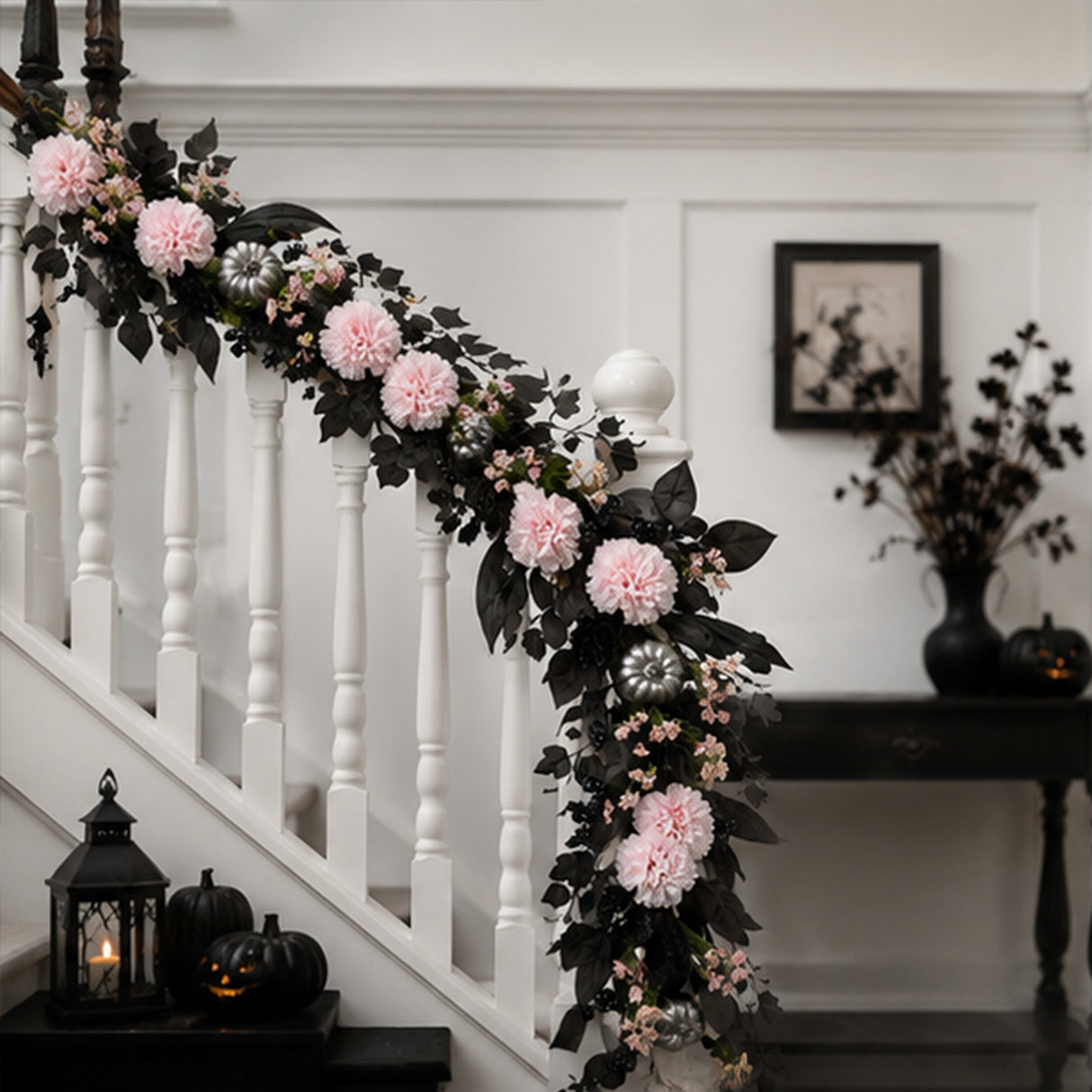 6FT Pink Carnation Halloween Garland with Silver Pumpkins