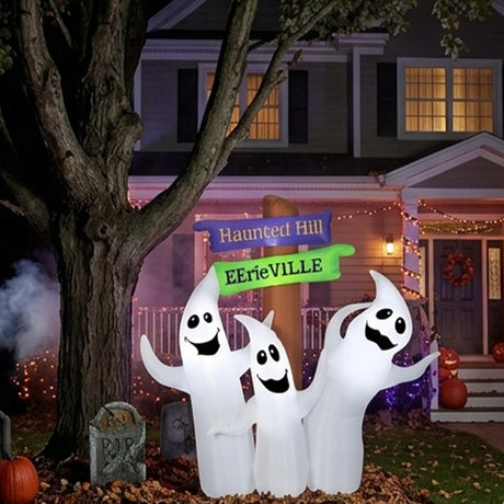 6 ft Halloween Ghost Trio Signpost Inflatable LED Yard Decoration Plug In